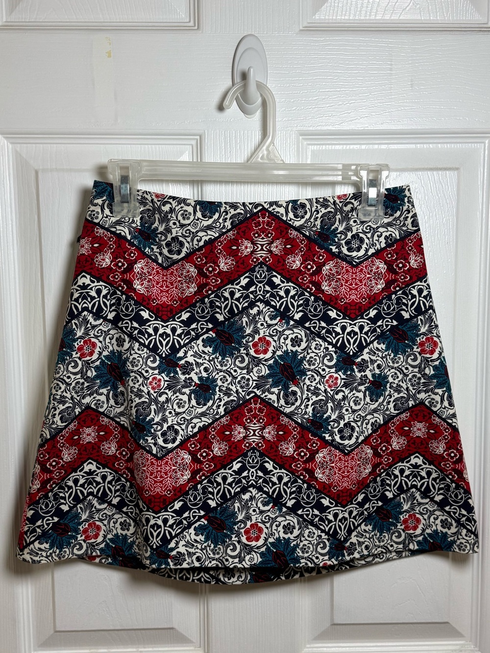Express Red and Blue Floral Chevron Mini Skirt